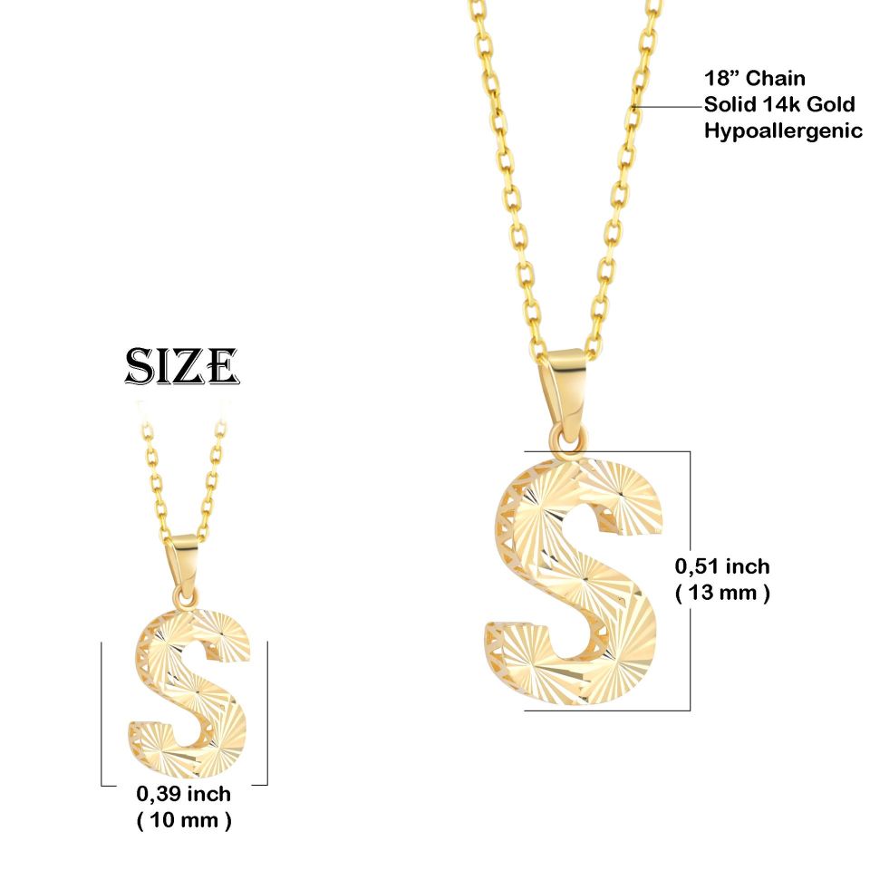 MOOM ÜCEVHERAT Kadın 14 Ayar Altın Harf Kolye A & Z Harfi Altın Kolye Zincirli Kalemli Işıltılı Desenli 42 cm S