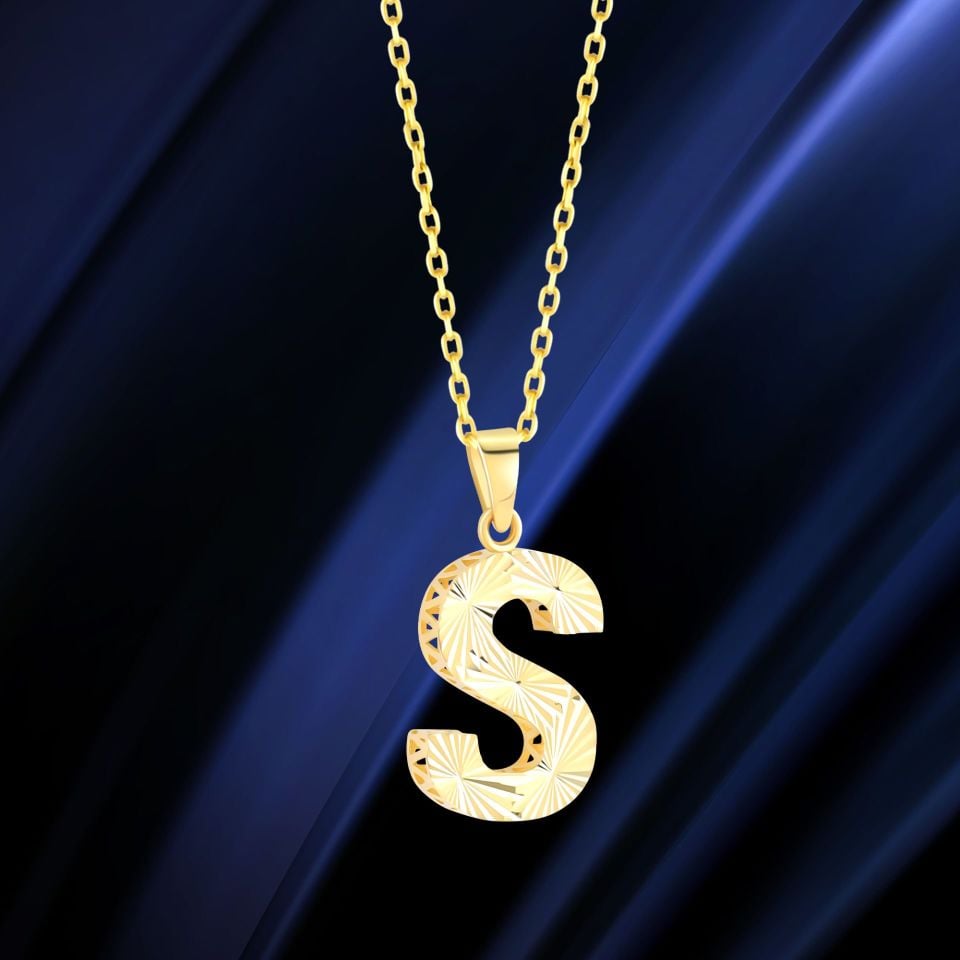 MOOM ÜCEVHERAT Kadın 14 Ayar Altın Harf Kolye A & Z Harfi Altın Kolye Zincirli Kalemli Işıltılı Desenli 42 cm S