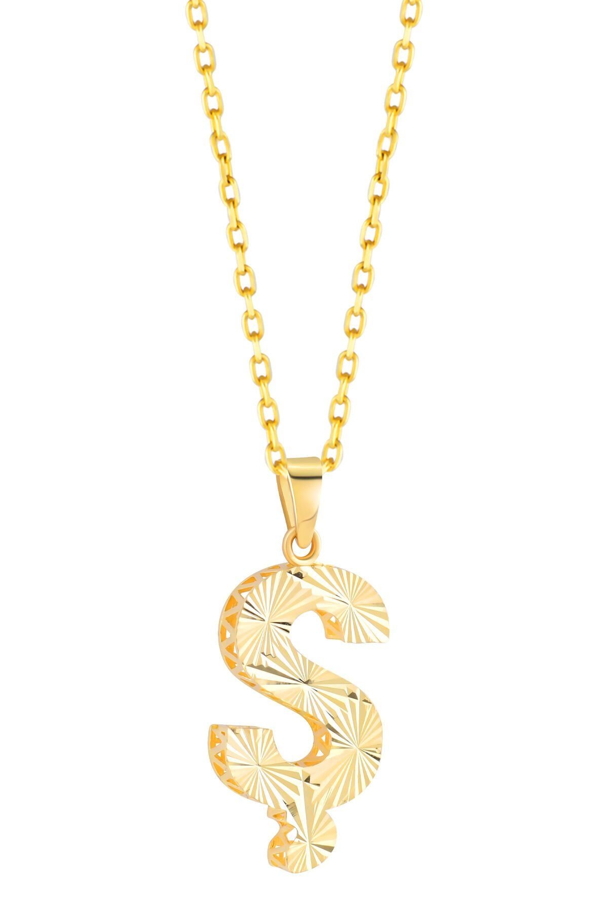 MOOM ÜCEVHERAT Kadın 14 Ayar Altın Harf Kolye A & Z Harfi Altın Kolye Zincirli Kalemli Işıltılı Desenli 42 cm Ş