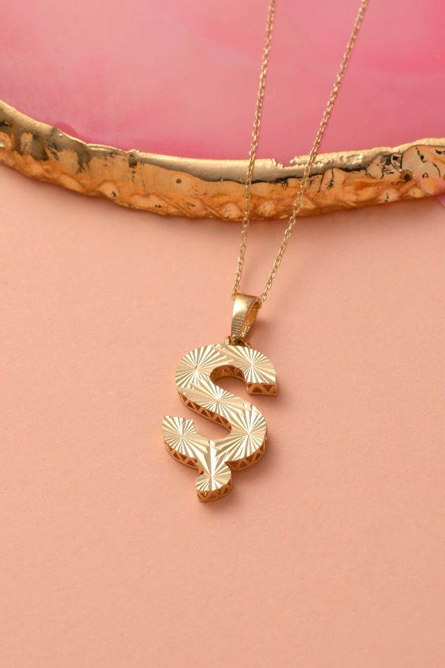 MOOM ÜCEVHERAT Kadın 14 Ayar Altın Harf Kolye A & Z Harfi Altın Kolye Zincirli Kalemli Işıltılı Desenli 42 cm Ş