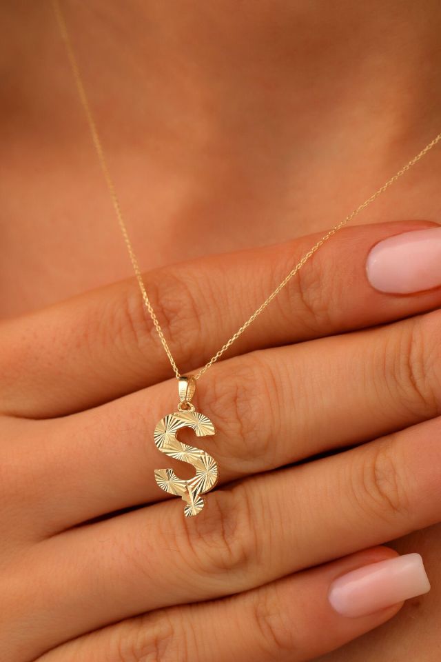 MOOM ÜCEVHERAT Kadın 14 Ayar Altın Harf Kolye A & Z Harfi Altın Kolye Zincirli Kalemli Işıltılı Desenli 42 cm Ş