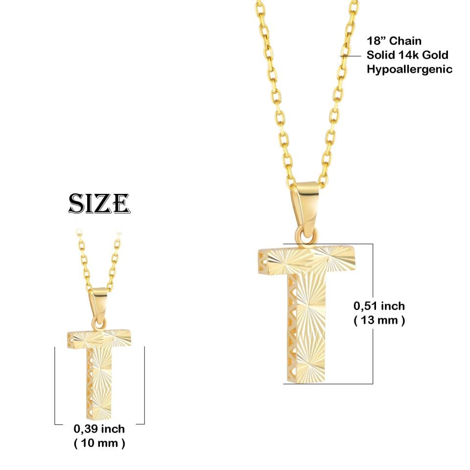 MOOM ÜCEVHERAT Kadın 14 Ayar Altın Harf Kolye A & Z Harfi Altın Kolye Zincirli Kalemli Işıltılı Desenli 42 cm T