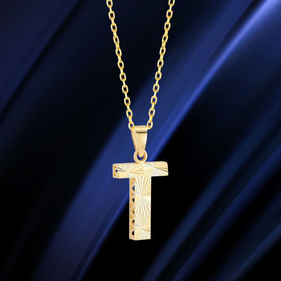 MOOM ÜCEVHERAT Kadın 14 Ayar Altın Harf Kolye A & Z Harfi Altın Kolye Zincirli Kalemli Işıltılı Desenli 42 cm T