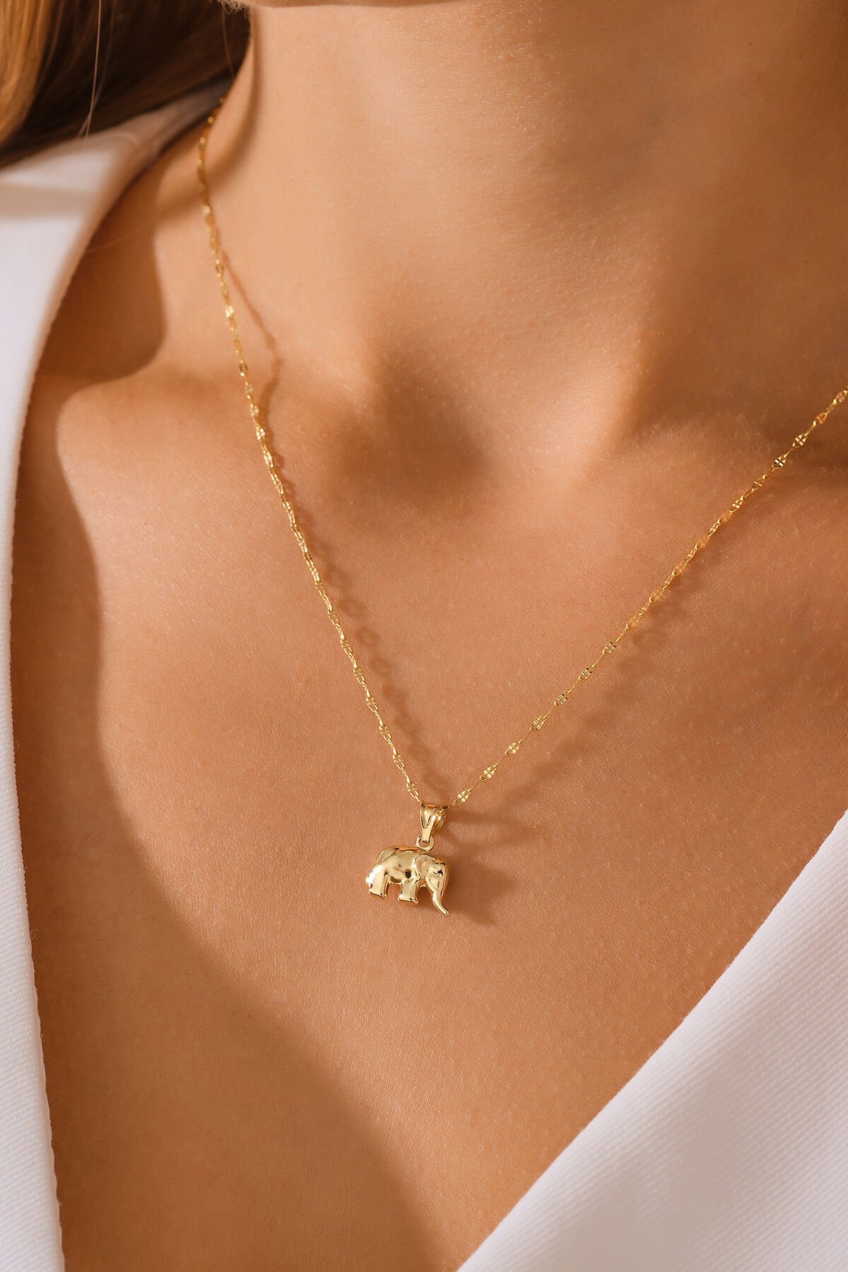 14 Ayar Altın Aynalı Zincir Fil Altın Kolye