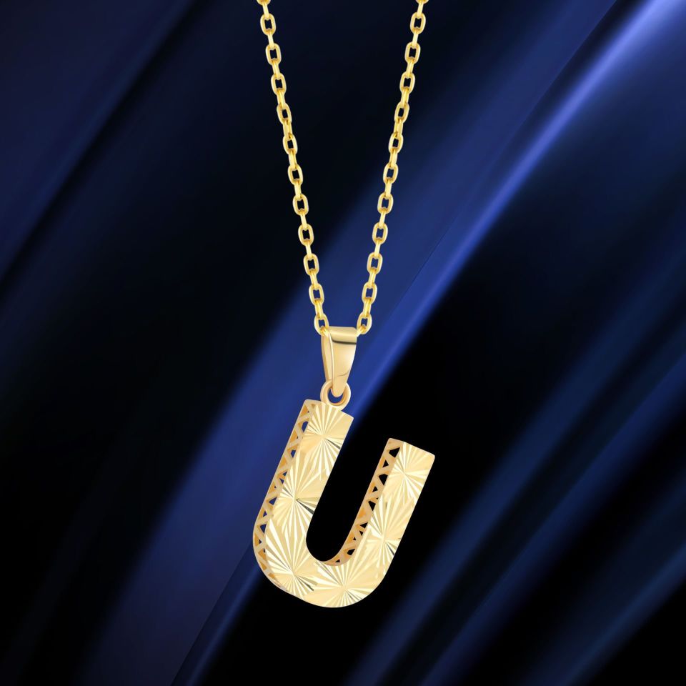 MOOM ÜCEVHERAT Kadın 14 Ayar Altın Harf Kolye A & Z Harfi Altın Kolye Zincirli Kalemli Işıltılı Desenli 42 cm U