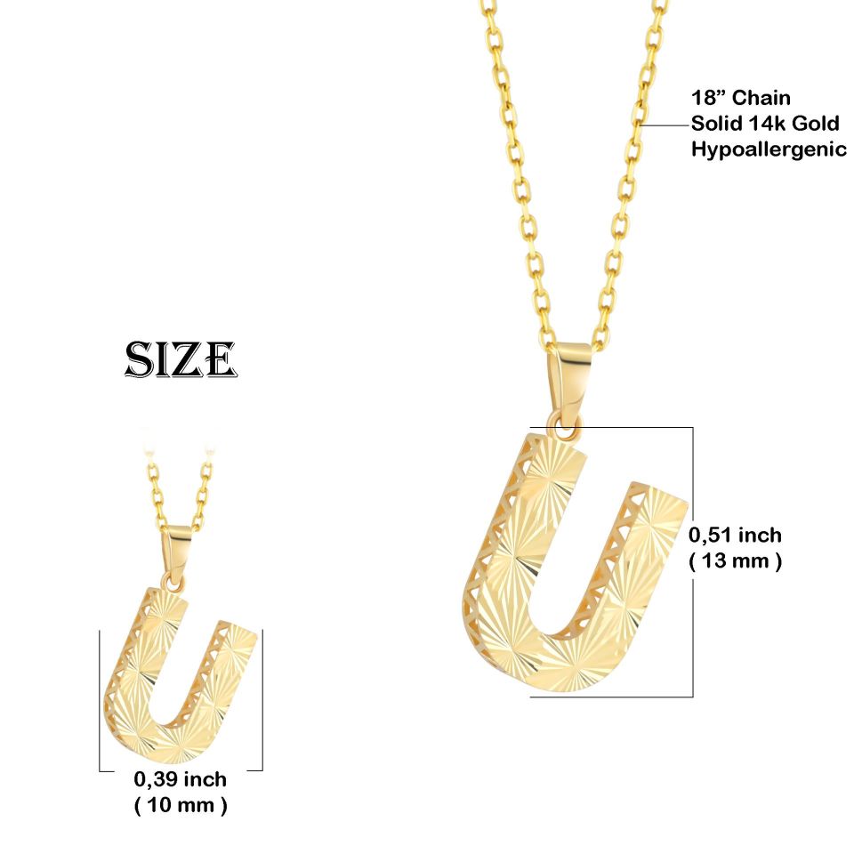 MOOM ÜCEVHERAT Kadın 14 Ayar Altın Harf Kolye A & Z Harfi Altın Kolye Zincirli Kalemli Işıltılı Desenli 42 cm U