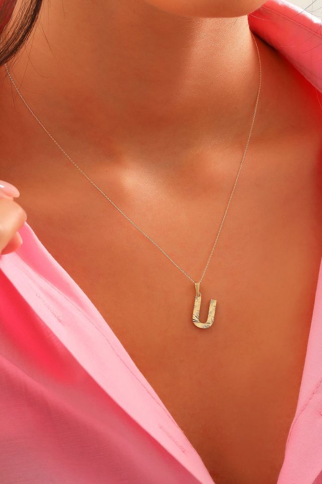 MOOM ÜCEVHERAT Kadın 14 Ayar Altın Harf Kolye A & Z Harfi Altın Kolye Zincirli Kalemli Işıltılı Desenli 42 cm U