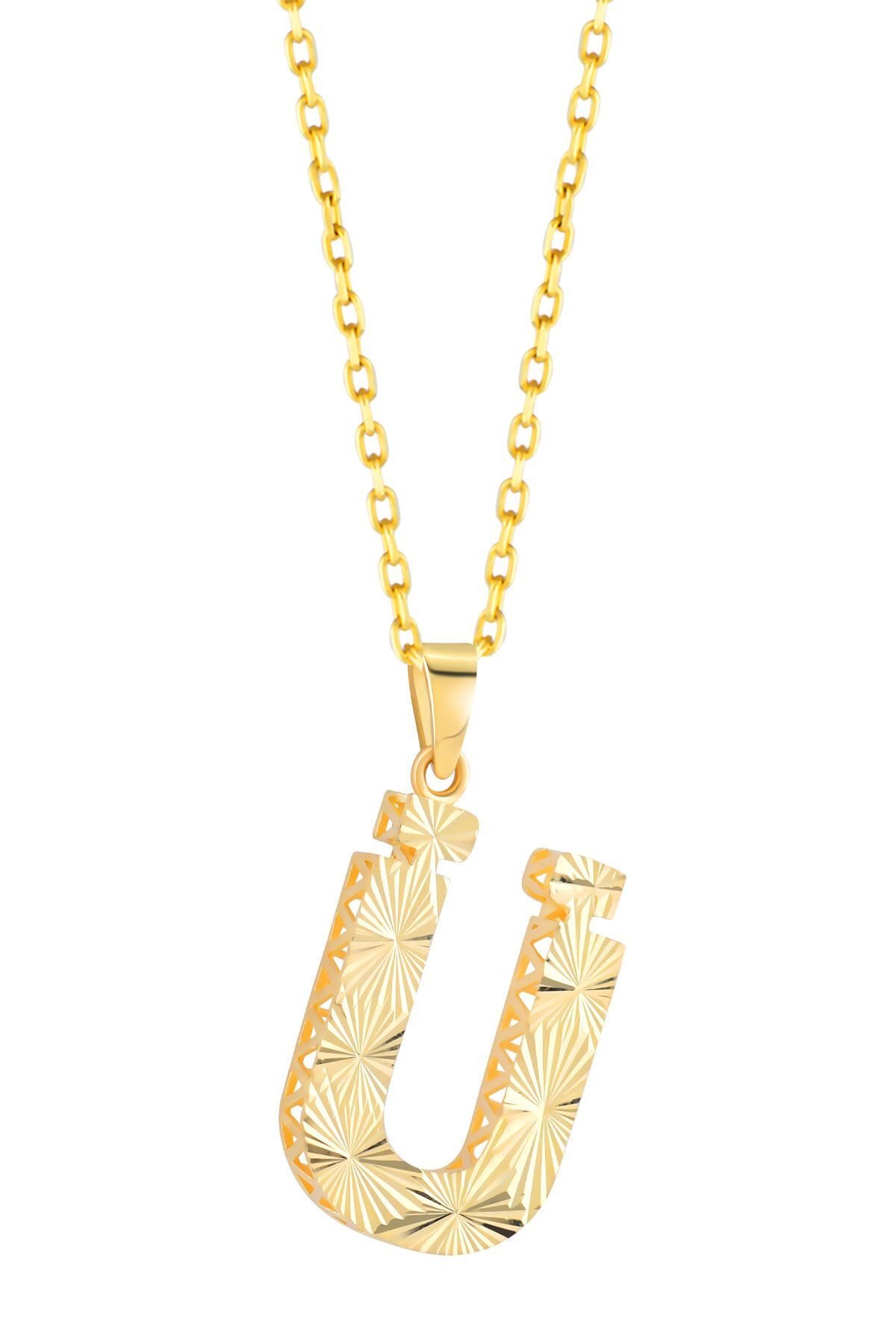 MOOM ÜCEVHERAT Kadın 14 Ayar Altın Harf Kolye A & Z Harfi Altın Kolye Zincirli Kalemli Işıltılı Desenli 42 cm Ü