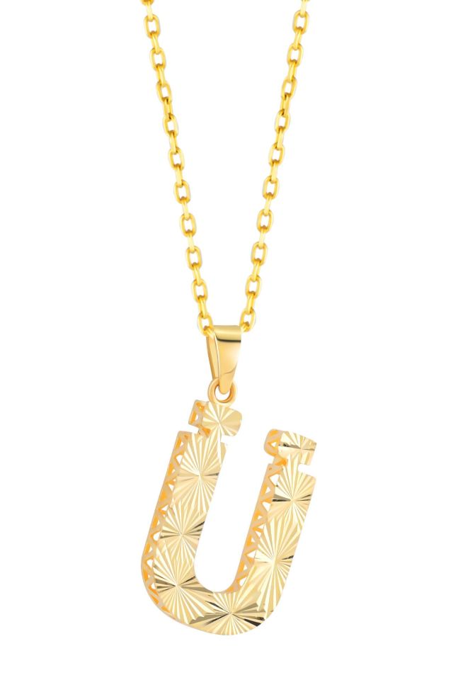 MOOM ÜCEVHERAT Kadın 14 Ayar Altın Harf Kolye A & Z Harfi Altın Kolye Zincirli Kalemli Işıltılı Desenli 42 cm Ü