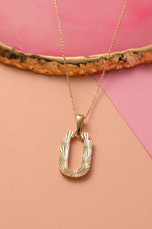 MOOM ÜCEVHERAT Kadın 14 Ayar Altın Harf Kolye A & Z Harfi Altın Kolye Zincirli Kalemli Işıltılı Desenli 42 cm Ü