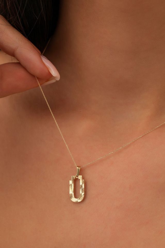 MOOM ÜCEVHERAT Kadın 14 Ayar Altın Harf Kolye A & Z Harfi Altın Kolye Zincirli Kalemli Işıltılı Desenli 42 cm Ü