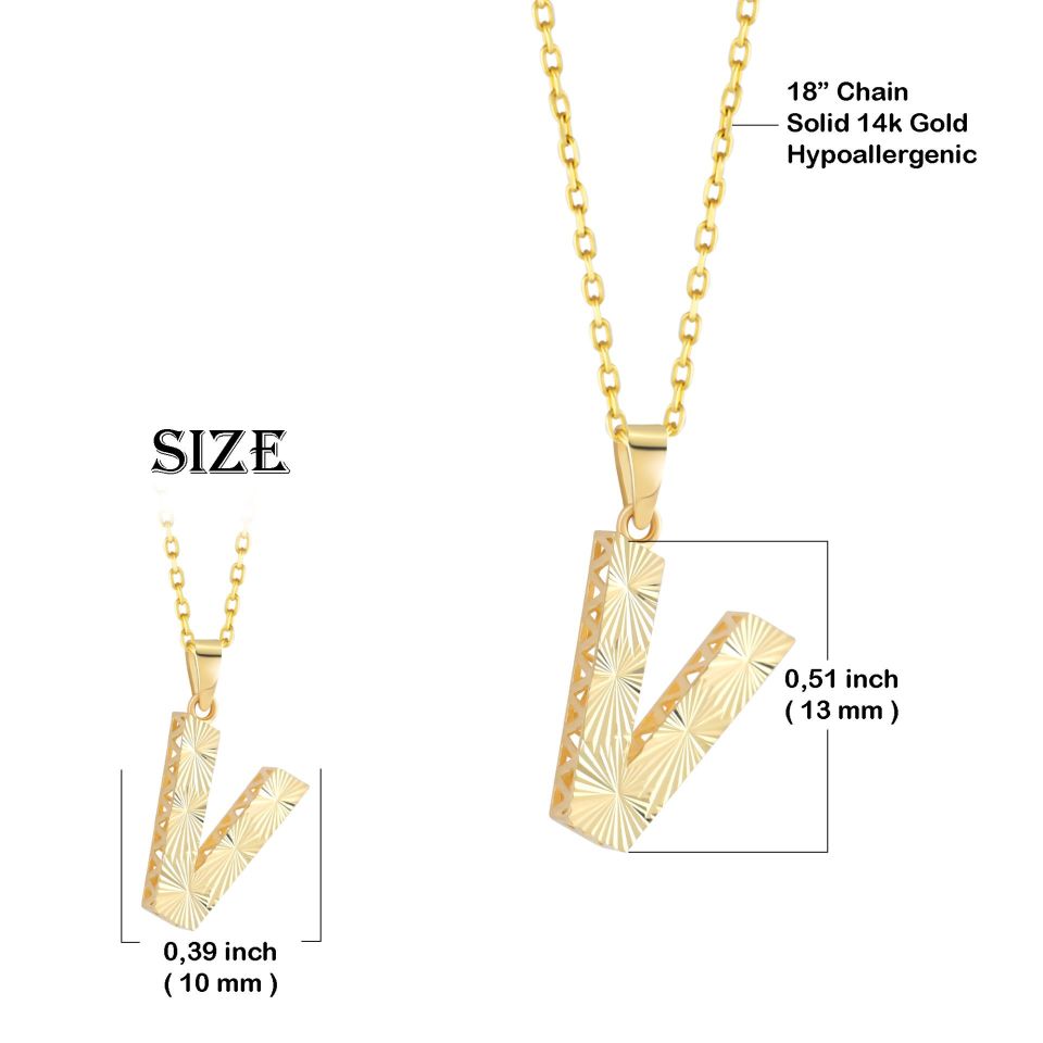 MOOM ÜCEVHERAT Kadın 14 Ayar Altın Harf Kolye A & Z Harfi Altın Kolye Zincirli Kalemli Işıltılı Desenli 42 cm V