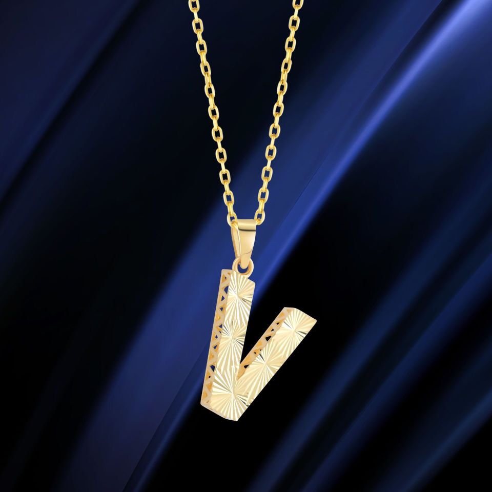 MOOM ÜCEVHERAT Kadın 14 Ayar Altın Harf Kolye A & Z Harfi Altın Kolye Zincirli Kalemli Işıltılı Desenli 42 cm V