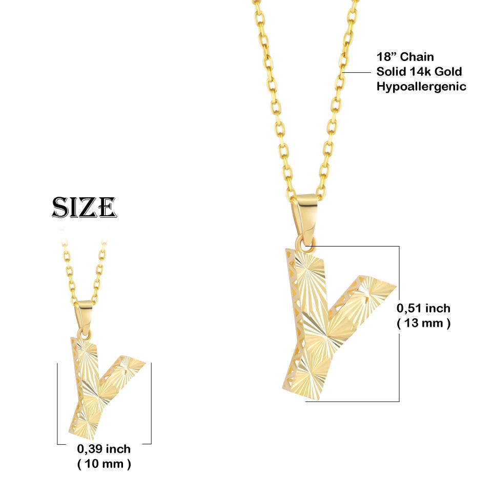 MOOM ÜCEVHERAT Kadın 14 Ayar Altın Harf Kolye A & Z Harfi Altın Kolye Zincirli Kalemli Işıltılı Desenli 42 cm Y