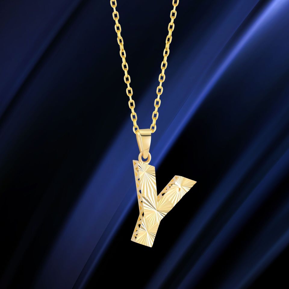 MOOM ÜCEVHERAT Kadın 14 Ayar Altın Harf Kolye A & Z Harfi Altın Kolye Zincirli Kalemli Işıltılı Desenli 42 cm Y