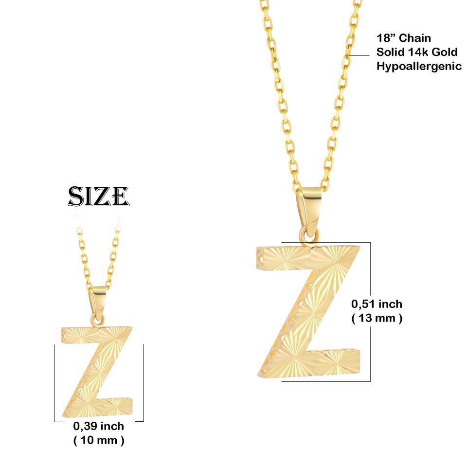 MOOM ÜCEVHERAT Kadın 14 Ayar Altın Harf Kolye A & Z Harfi Altın Kolye Zincirli Kalemli Işıltılı Desenli 42 cm Z