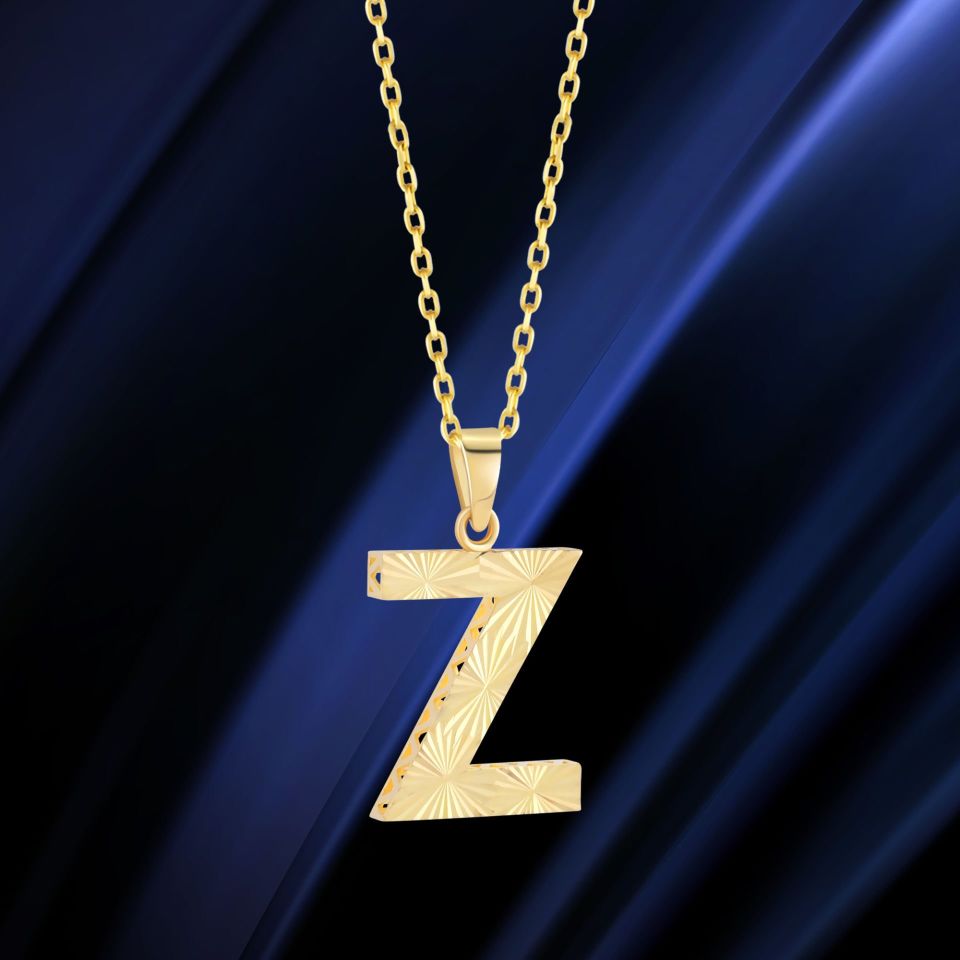 MOOM ÜCEVHERAT Kadın 14 Ayar Altın Harf Kolye A & Z Harfi Altın Kolye Zincirli Kalemli Işıltılı Desenli 42 cm Z