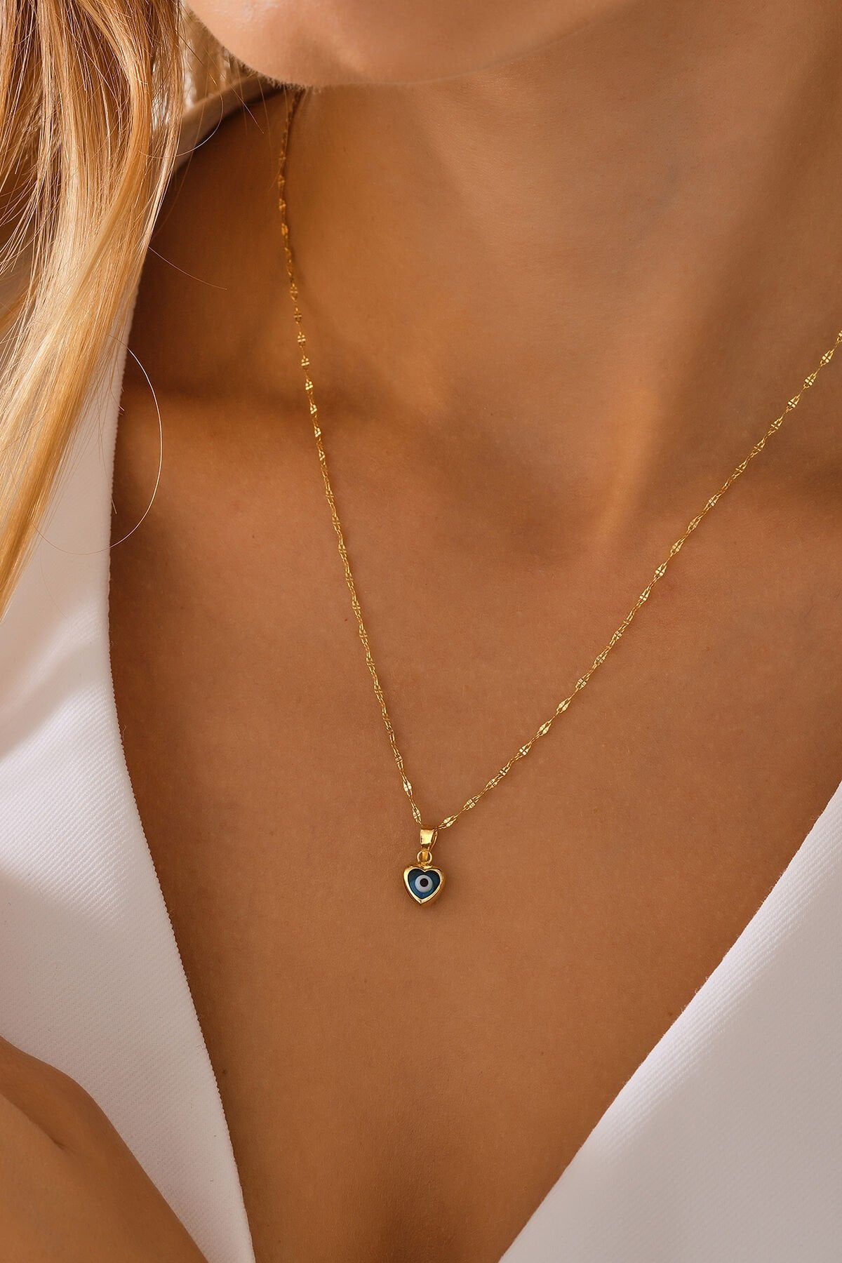 14 Ayar Altın Mini Nazar Kalp Göz Kolye