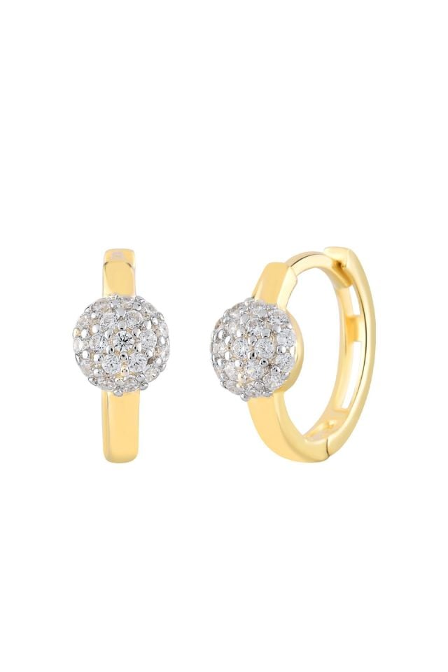 MOOM MÜCEVHERAT Kadın 14 Ayar Altın Küpe Minimalist Zirkon Taş Top Figürlü Halka Altın Küpe 12 mm