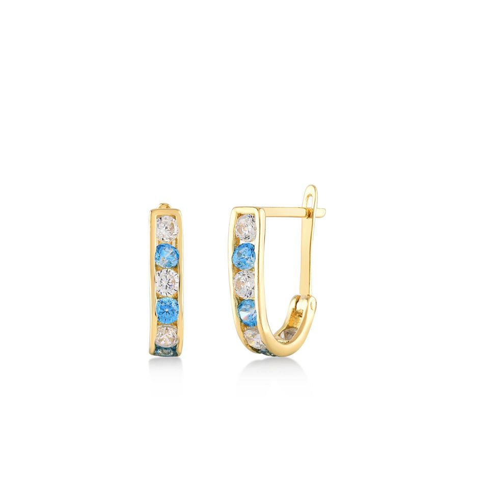 MOOM MÜCEVHERAT Kadın 14 Ayar Altın Küpe Minimalist Zirkon Taşlı Turkuaz Modern Altın Küpe 13 mm