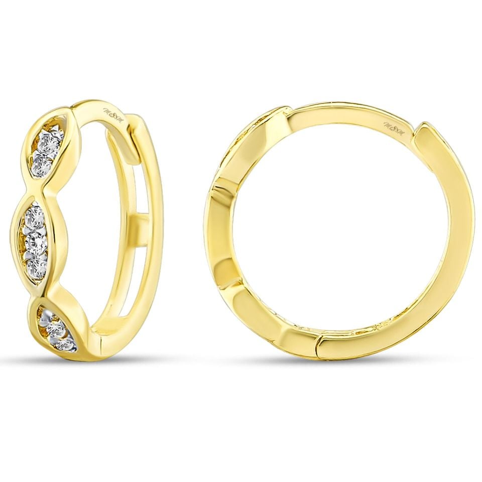 MOOM MÜCEVHERAT Kadın 14 Ayar Altın Küpe Minimalist Zirkon Taşlı Modern Halka Altın Küpe 12 mm
