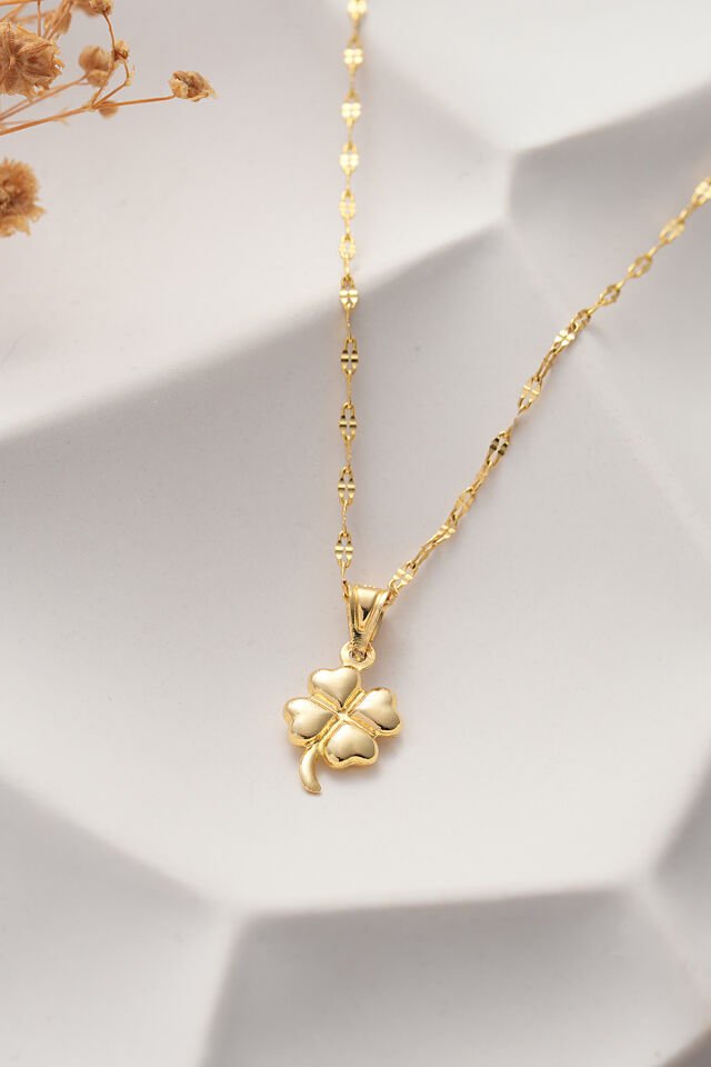 14 Ayar Altın Aynalı Zincir Yonca Altın Kolye