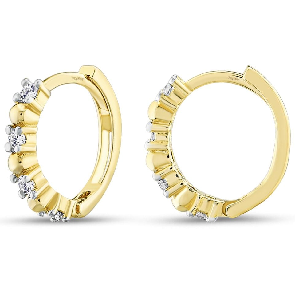 MOOM MÜCEVHERAT Kadın 14 Ayar Altın Küpe Minimalist Zirkon Taşlı Modern Halka Altın Küpe 12 mm