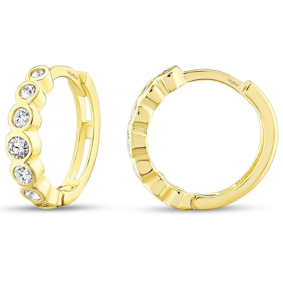 MOOM MÜCEVHERAT Kadın 14 Ayar Altın Küpe Minimalist Zirkon Taşlı Modern Halka Altın Küpe 12 mm