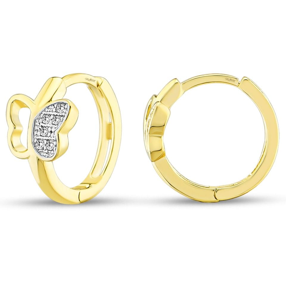 MOOM MÜCEVHERAT Kadın 14 Ayar Altın Küpe Minimalist Zirkon Taş Kelebek Tema Halka Altın Küpe 11,5 mm