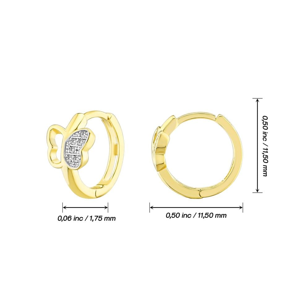 MOOM MÜCEVHERAT Kadın 14 Ayar Altın Küpe Minimalist Zirkon Taş Kelebek Tema Halka Altın Küpe 11,5 mm