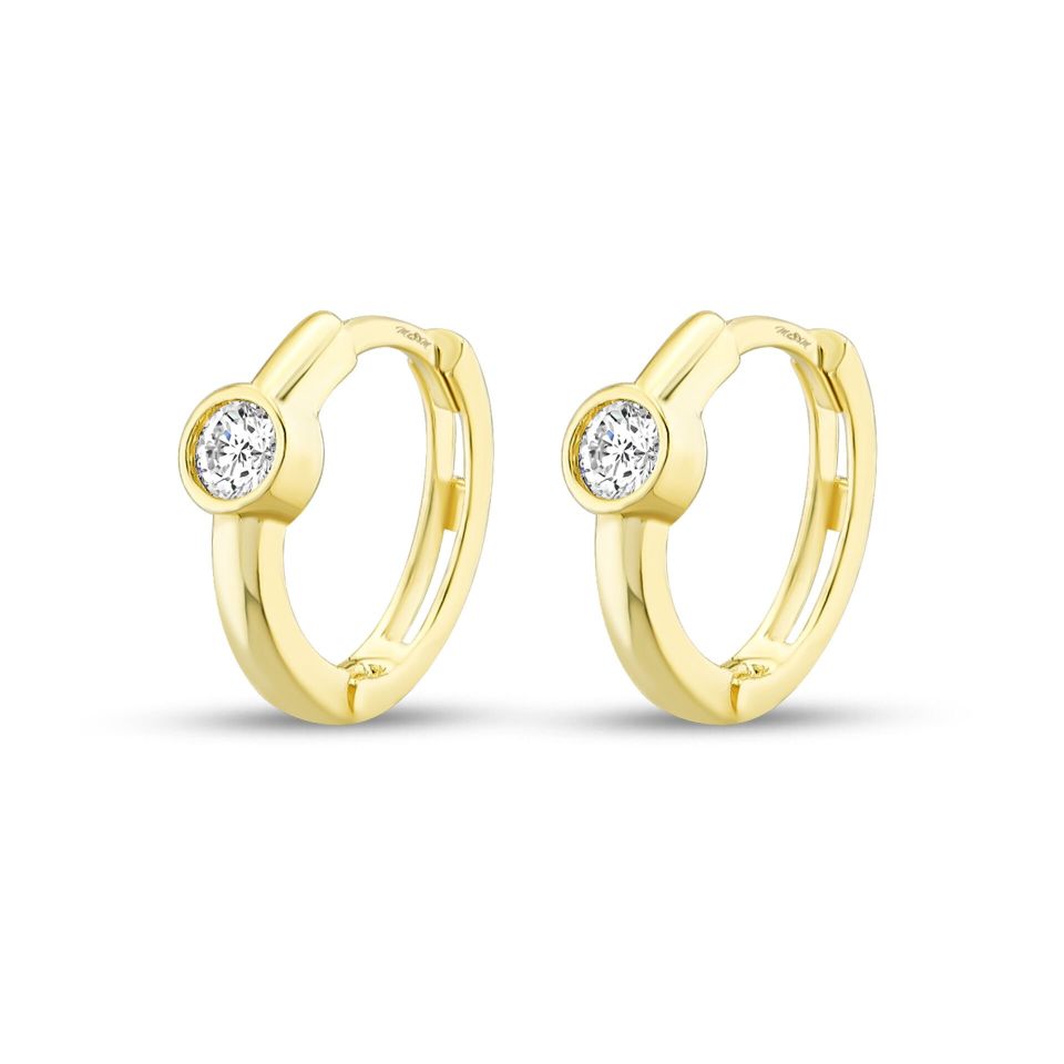 MOOM MÜCEVHERAT Kadın 14 Ayar Altın Küpe Minimalist Zirkon Taşlı Modern Halka Altın Küpe 12 mm