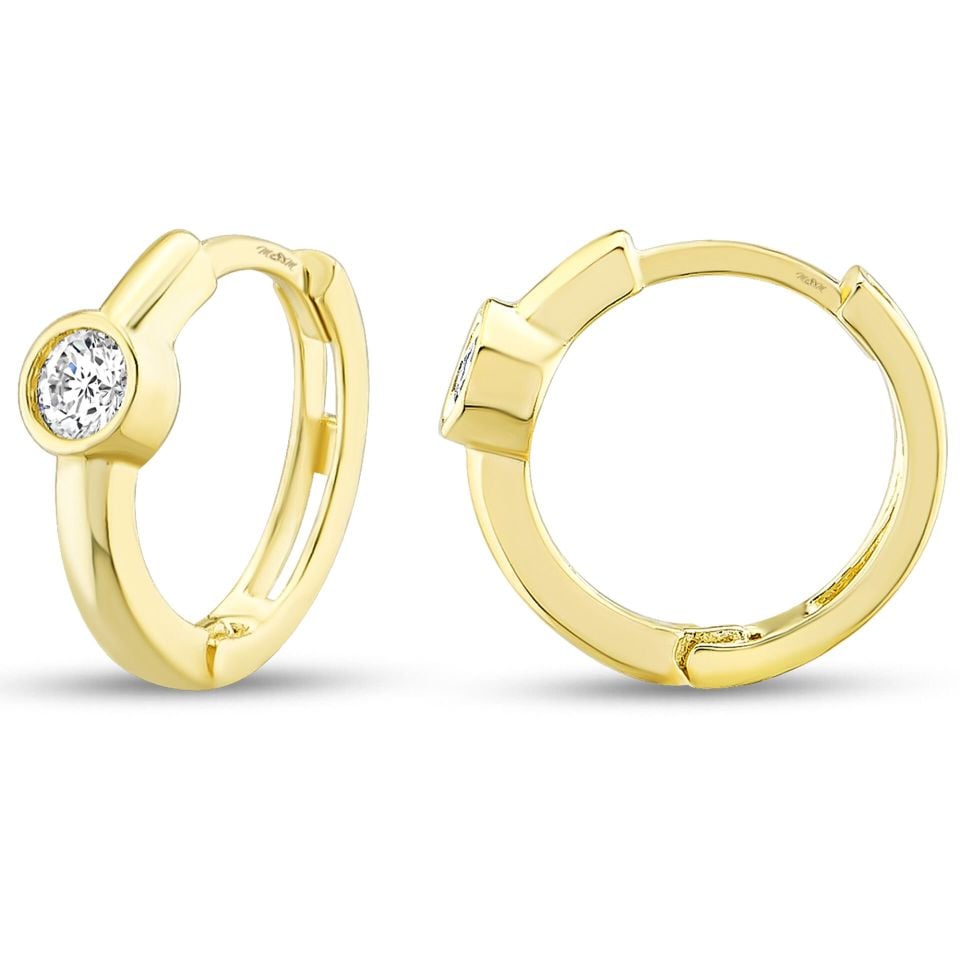 MOOM MÜCEVHERAT Kadın 14 Ayar Altın Küpe Minimalist Zirkon Taşlı Modern Halka Altın Küpe 12 mm