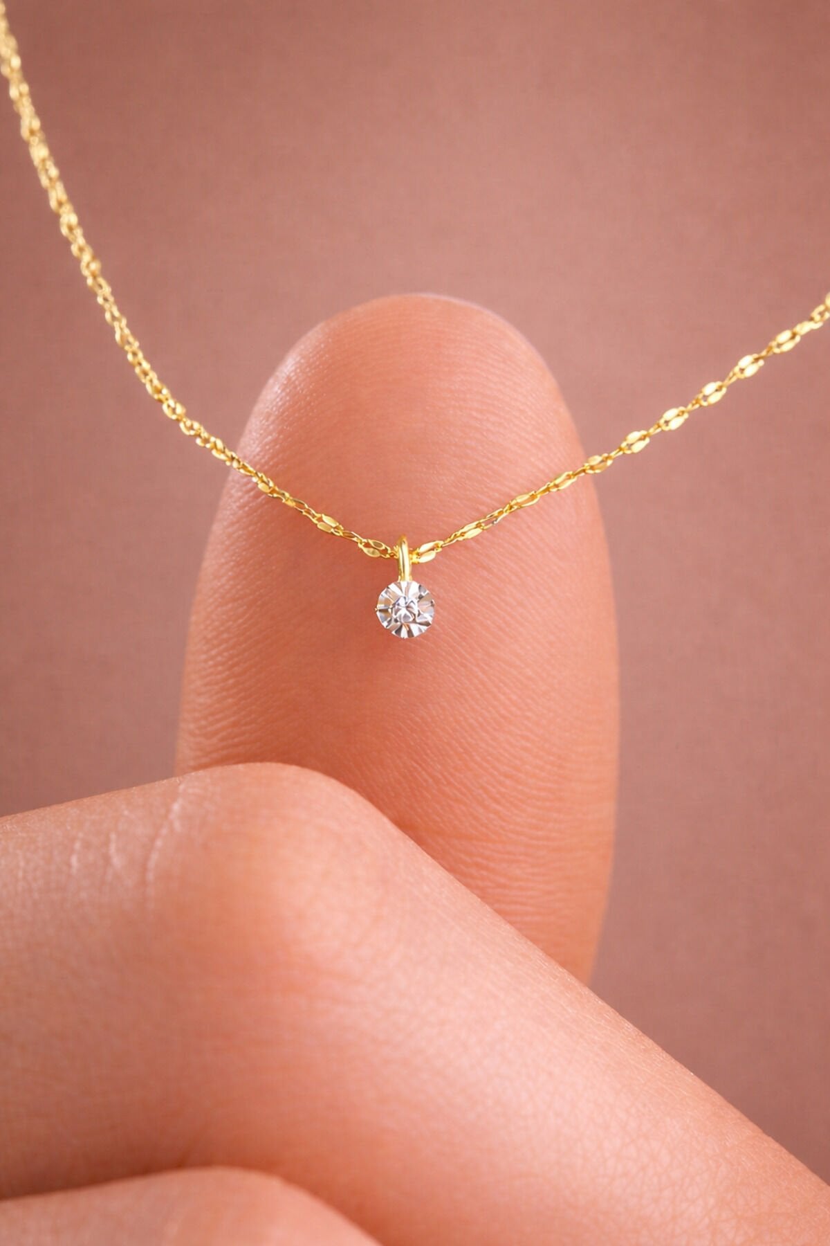 14 Ayar Altın Aynalı Zincir Pırlanta Kolye