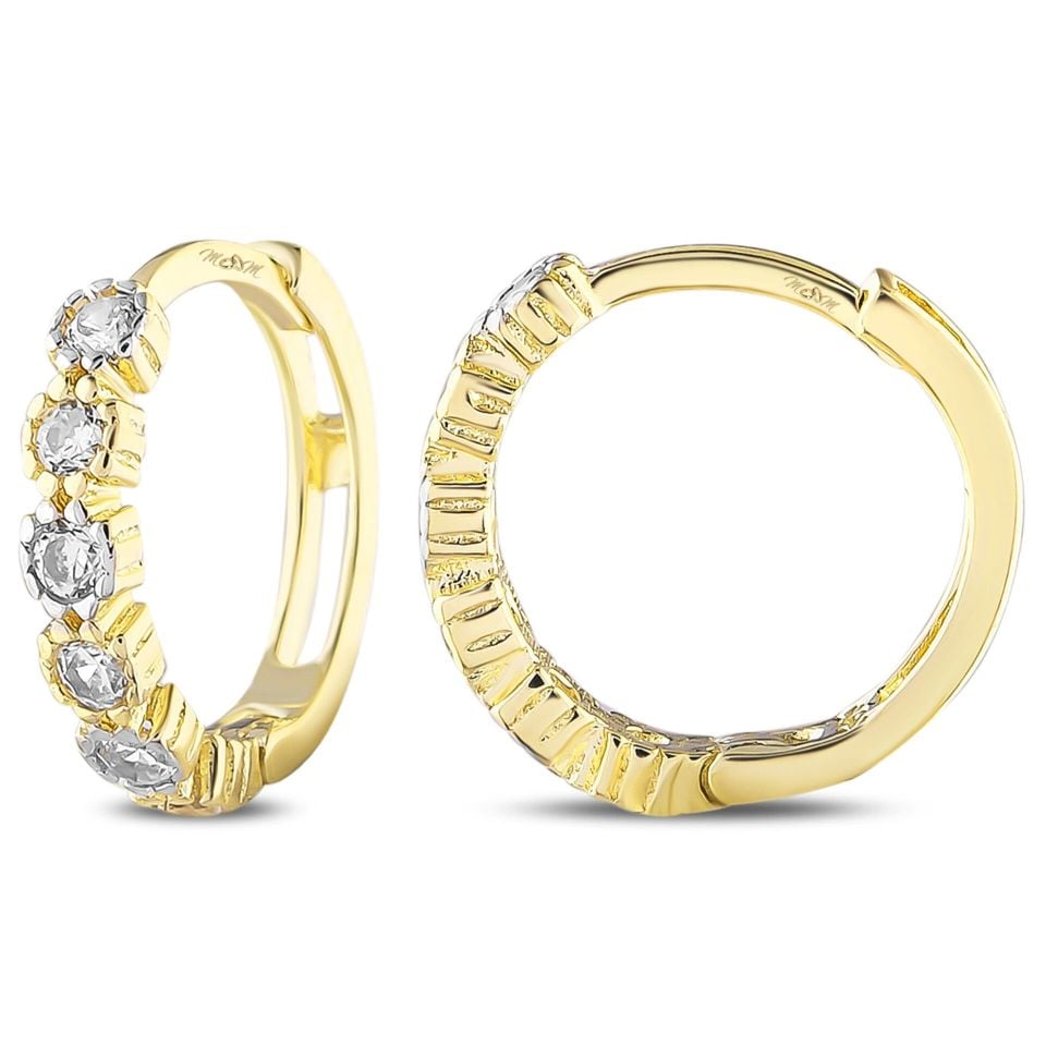 MOOM MÜCEVHERAT Kadın 14 Ayar Altın Küpe Minimalist Zirkon Taşlı Modern Halka Altın Küpe 12 mm