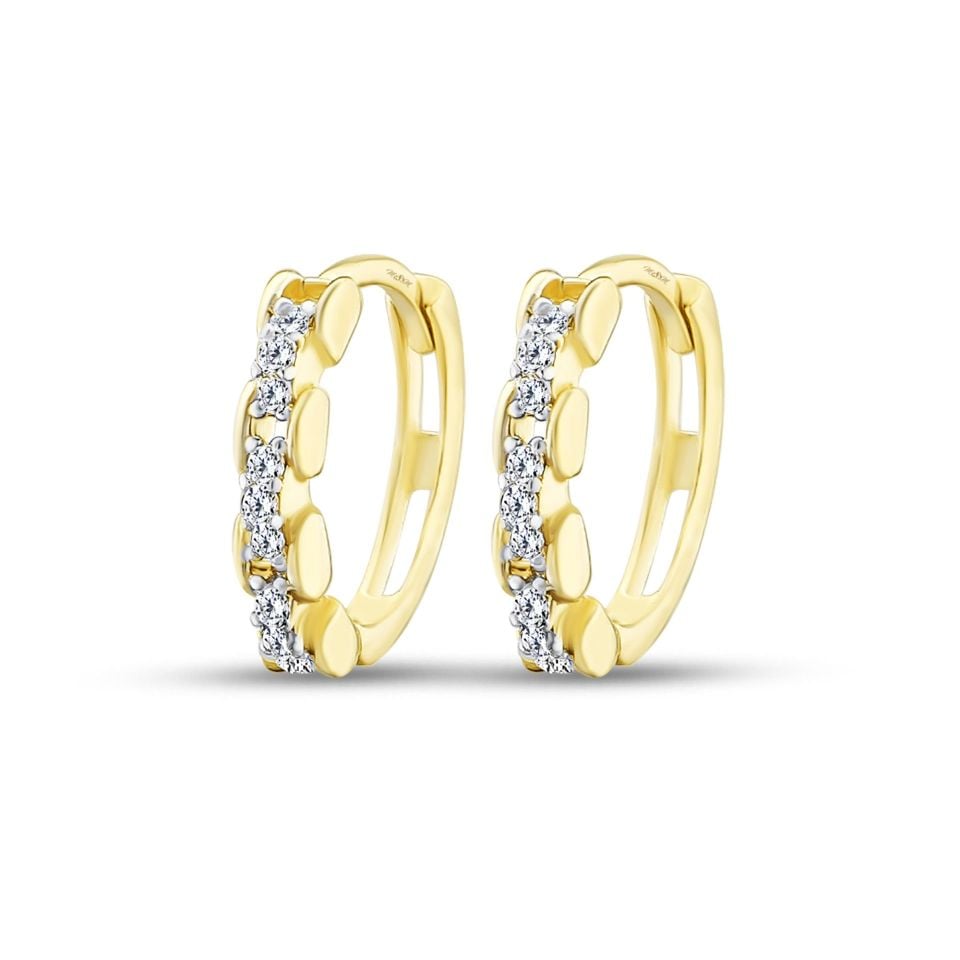MOOM MÜCEVHERAT Kadın 14 Ayar Altın Küpe Minimalist Zirkon Taşlı Modern Halka Altın Küpe 12 mm