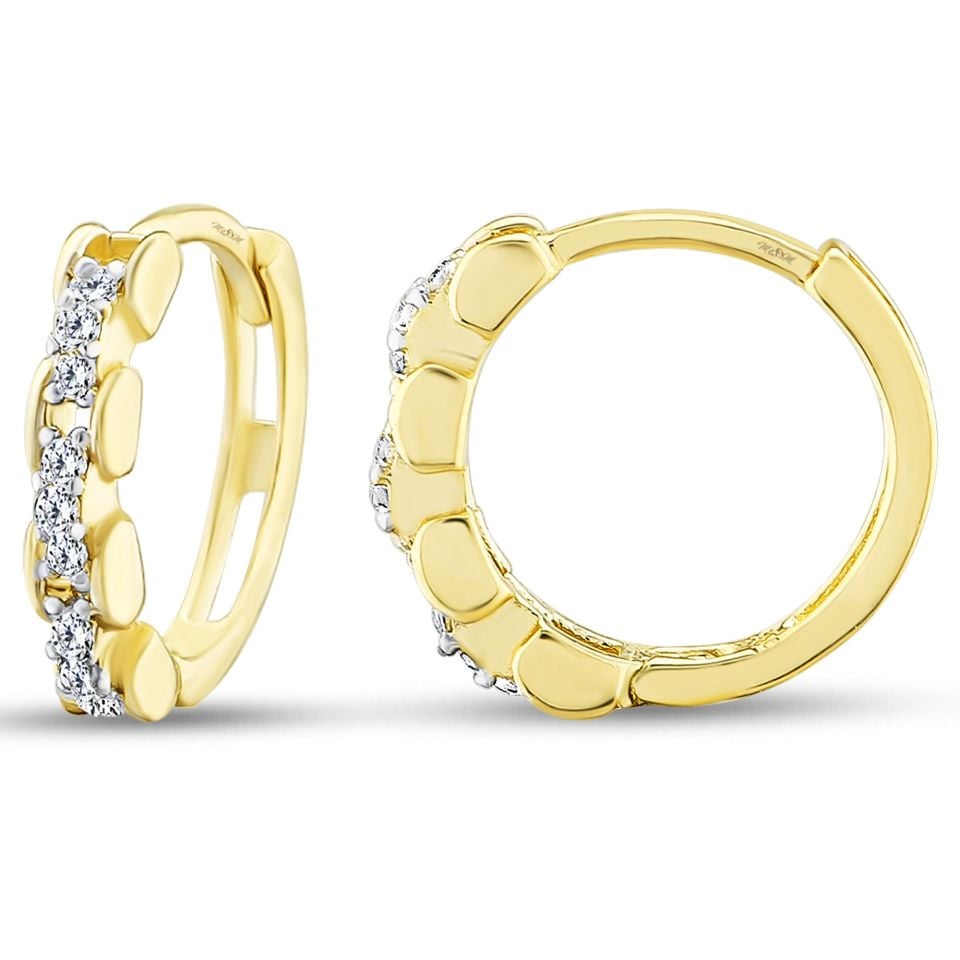MOOM MÜCEVHERAT Kadın 14 Ayar Altın Küpe Minimalist Zirkon Taşlı Modern Halka Altın Küpe 12 mm