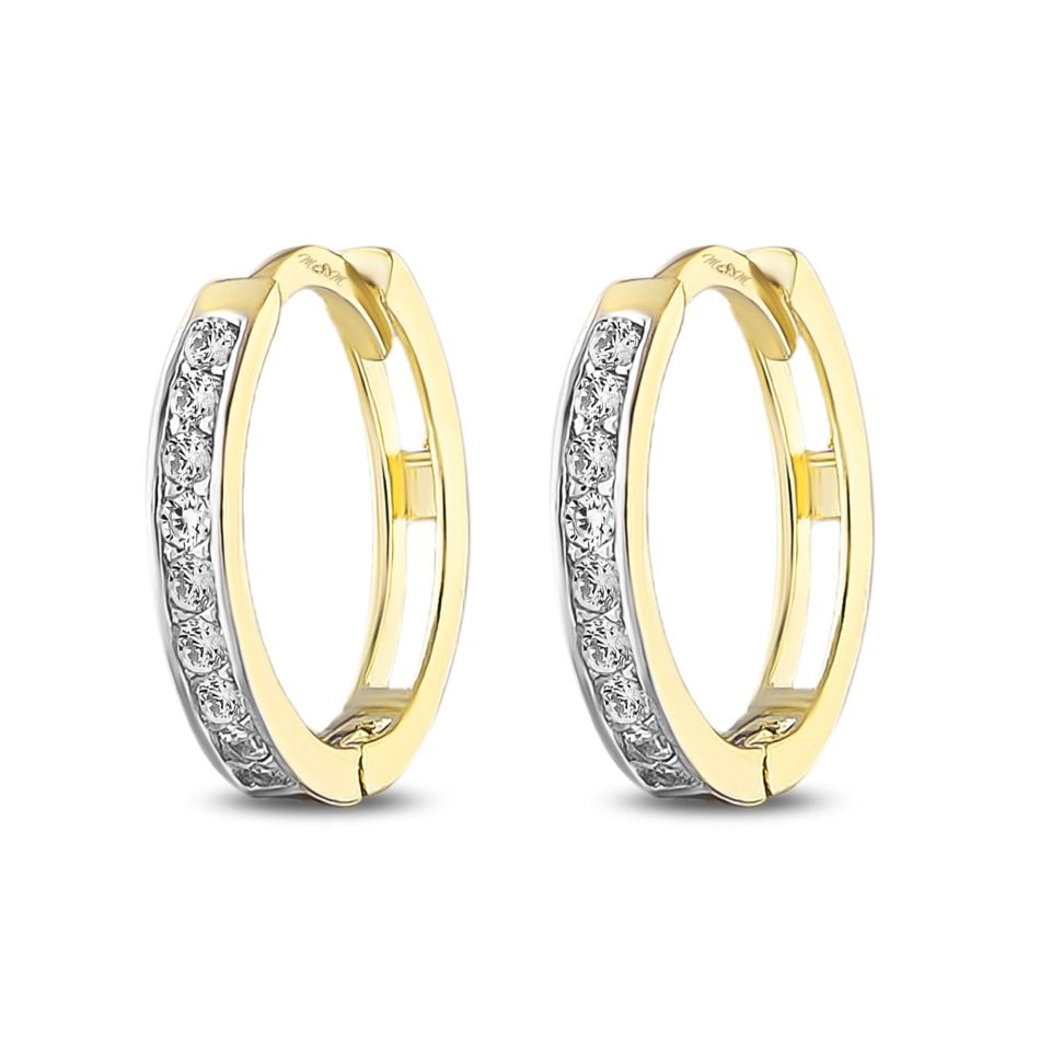 MOOM MÜCEVHERAT Kadın 14 Ayar Altın Küpe Minimalist Zirkon Taşlı Modern Halka Altın Küpe 12 mm