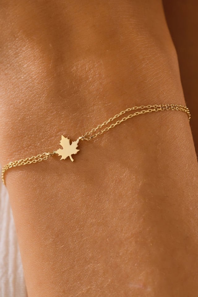 MOOM MÜCEVHERAT 14 Ayar Altın Çınar Yaprağı Bileklik (16cm,17cm18cm,19cm,20cm,21cm)