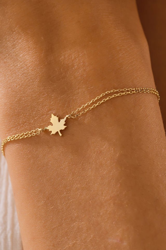 MOOM MÜCEVHERAT 14 Ayar Altın Çınar Yaprağı Bileklik (16cm,17cm18cm,19cm,20cm,21cm)