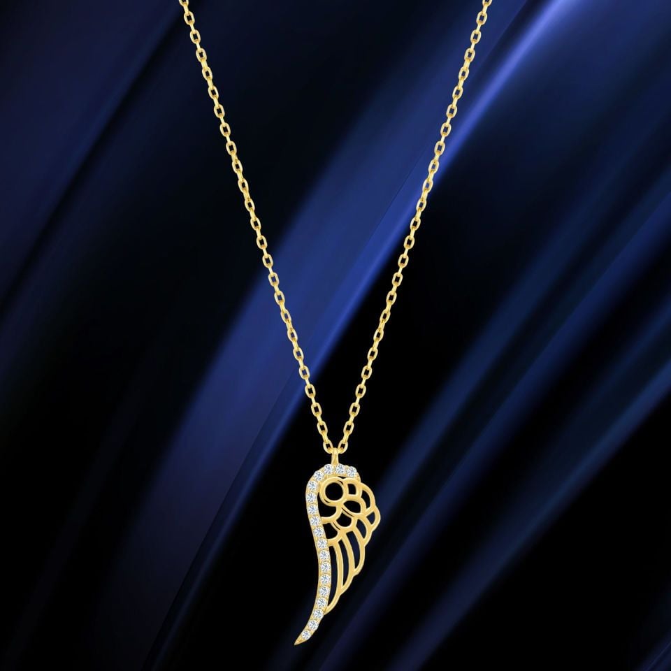 Moom Mücevherat Kadın 14 Ayar Altın Taşlı Melek Kanadı Kolye ''45 cm''