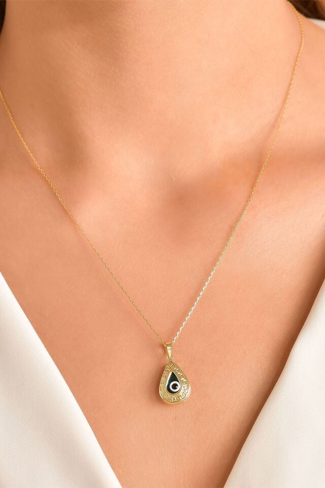 Kadın Sarı 14 Ayar Altın Nazarlı Damla Kolye