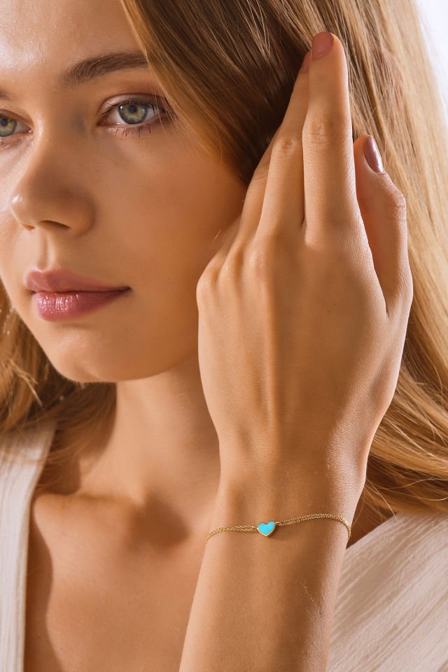 MOOM MÜCEVHERAT 14 Ayar Altın Mineli Kalp Bileklik (16cm,17cm,18cm,19cm,20cm,21cm)