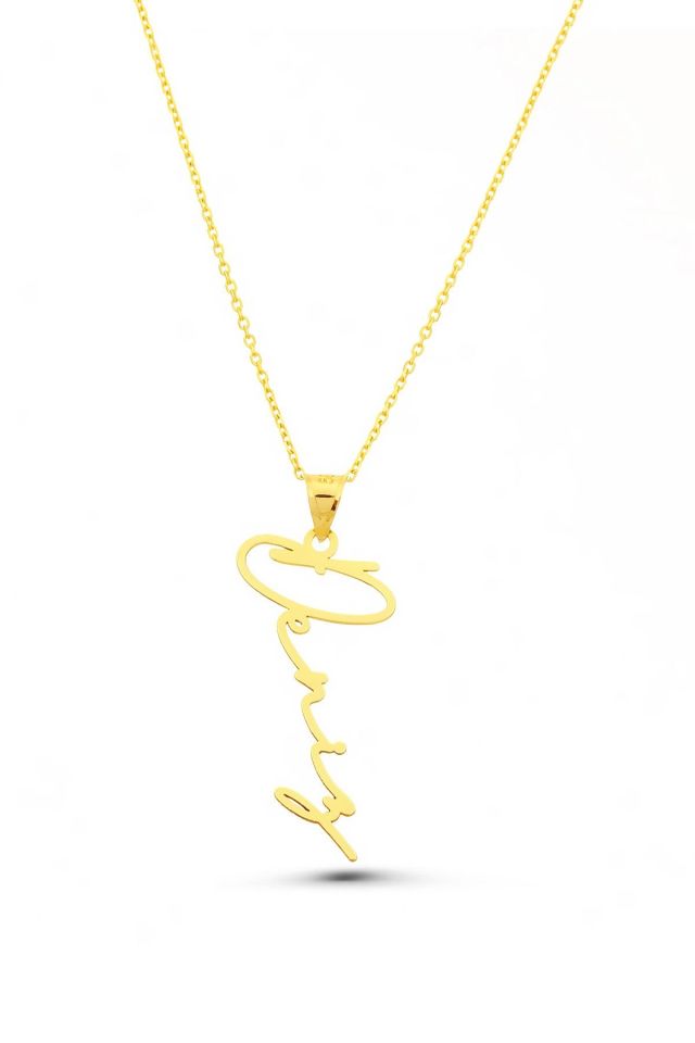 MOOM MÜCEVHERAT Altın Kolye /El Yazılı Desenli Altın Kolye/14 Ayar Altın İsim Kolye/Altın İsim Kolye