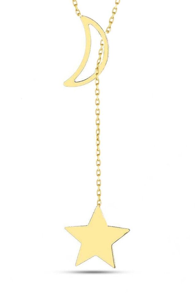 Kadın Sarı 14 Ayar Altın Yıldız Sallantılı Ay Kolye