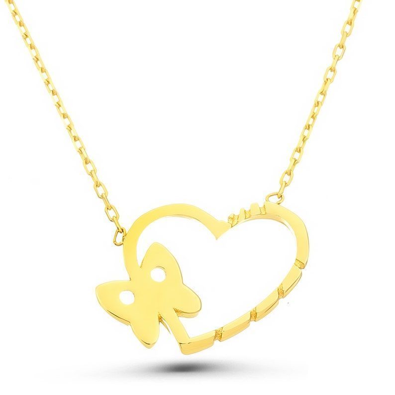 Moom Mücevherat Kadın 14 Ayar Altın Kelebekli Kalp Kolye ''45 cm''