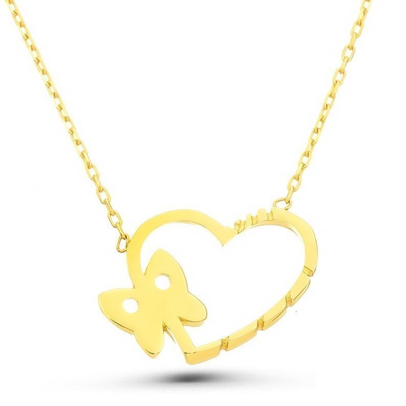 Moom Mücevherat Kadın 14 Ayar Altın Kelebekli Kalp Kolye ''45 cm''