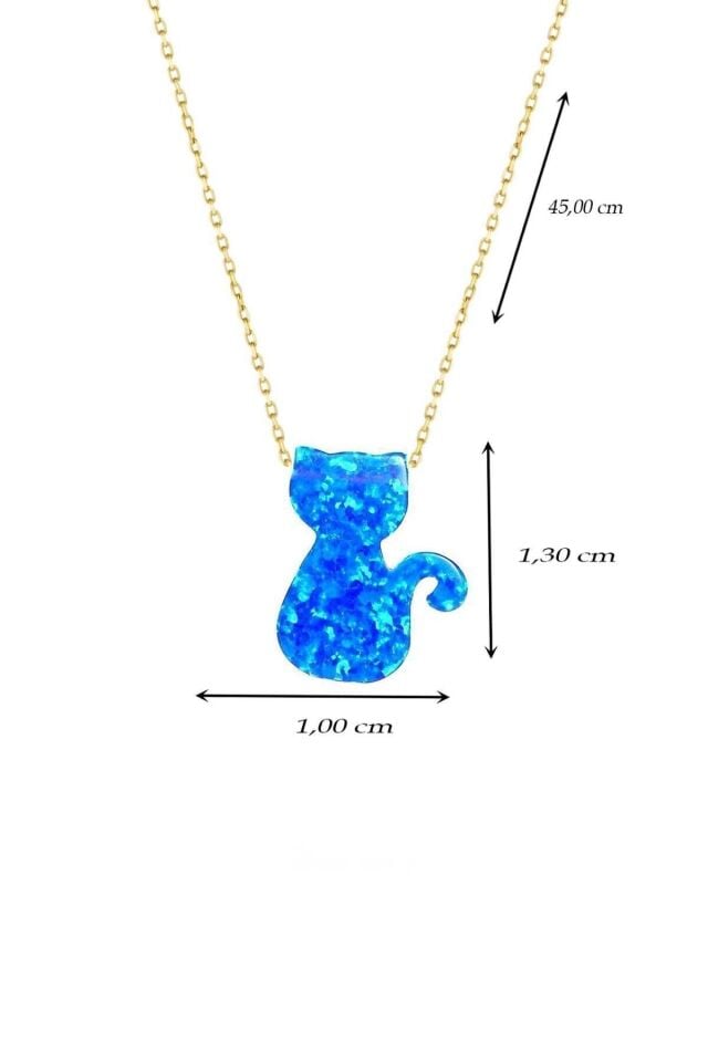 Kadın Altın Mavi Sedef Opal Taşlı Kedi Kolye 14 Ayar
