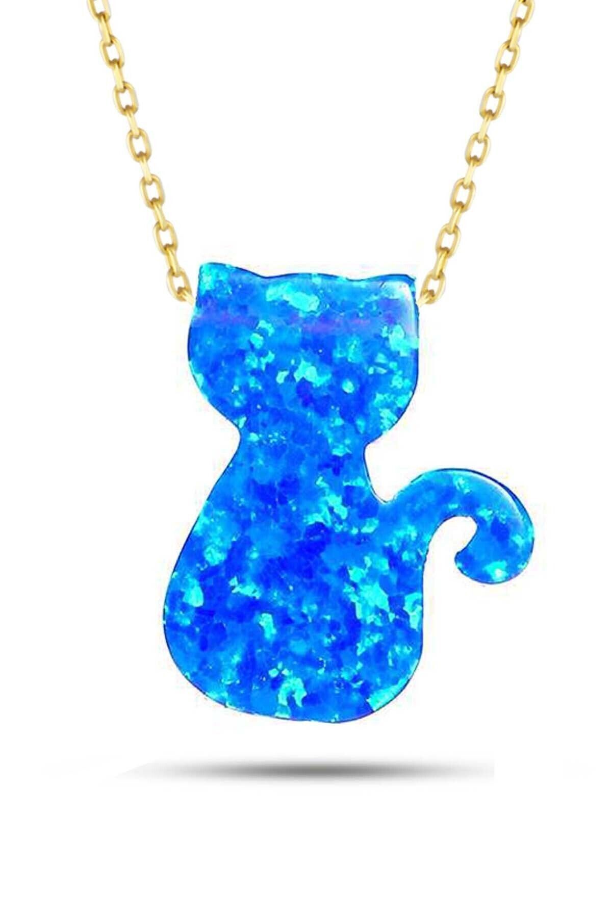 Kadın Altın Mavi Sedef Opal Taşlı Kedi Kolye 14 Ayar