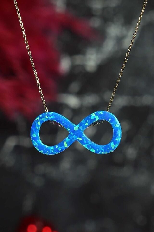 Kadın Altın Mavi Sedef Opal Taşlı Sonsuzluk Kolye 14 Ayar