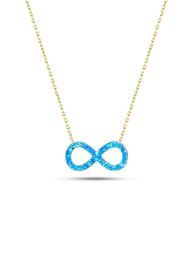 Kadın Altın Mavi Sedef Opal Taşlı Sonsuzluk Kolye 14 Ayar